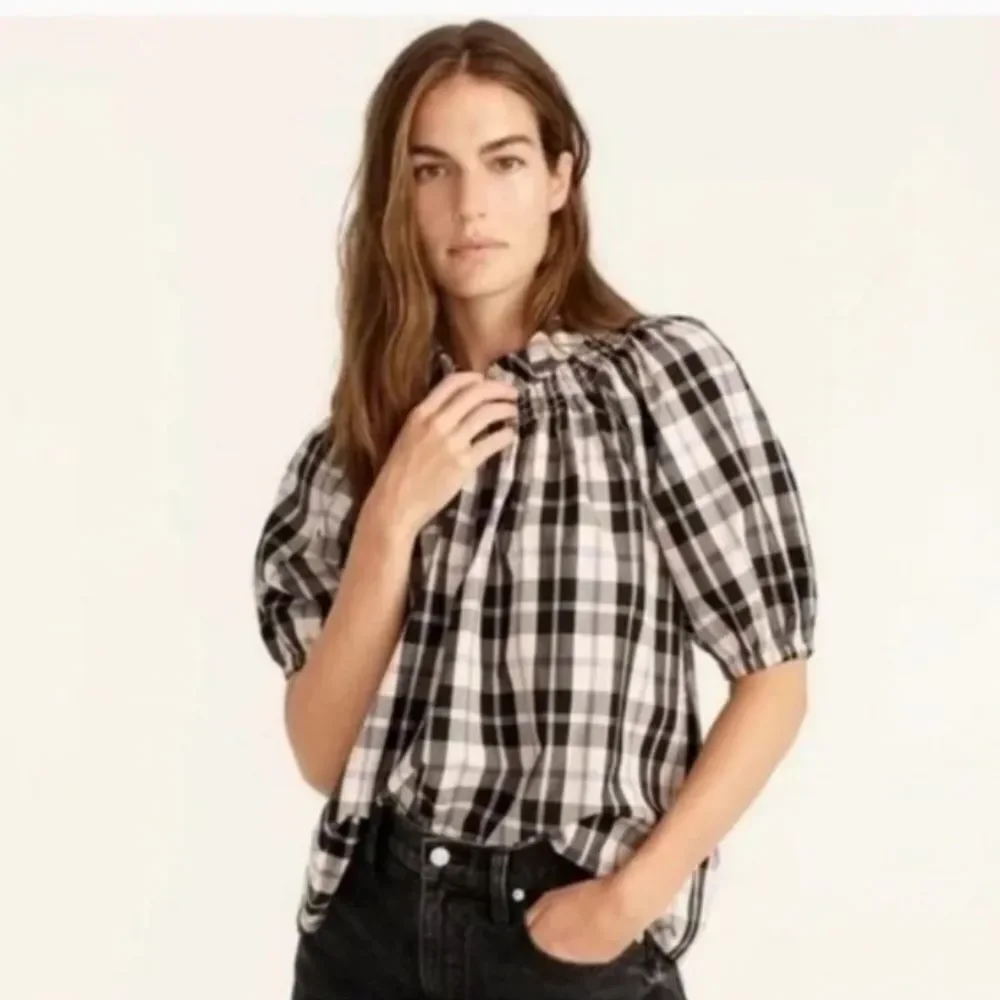 J.Crew Plaid Puff Sleeve Peasant Top Smocked Neck Cotton Blouse Small